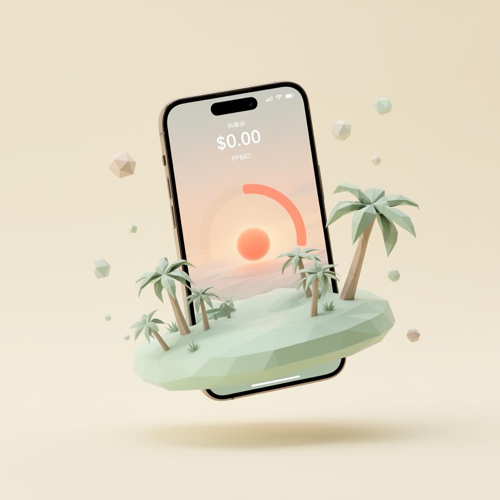 Nully app on a floating iPhone showing a 3D debt island and coral progress arc